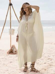 Swim Vcay 新款优雅波西米亚风沙滩罩衫，大码尺码，适合沙滩派对和度假。 - 杏色 - 查看 3