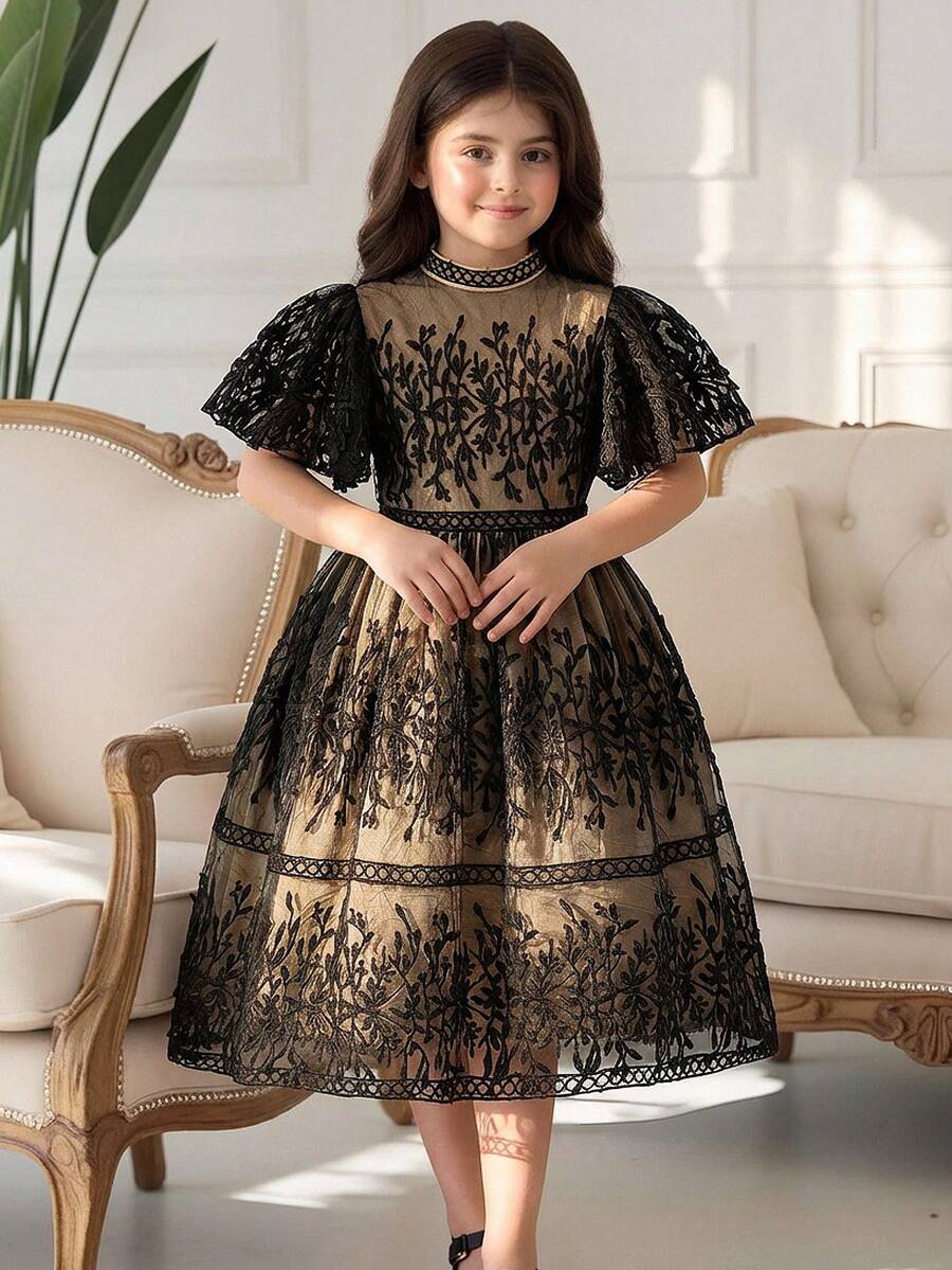 SHEIN Tween Girls' Elegant Lace Party Birthday Princess Dress - Black - View 1