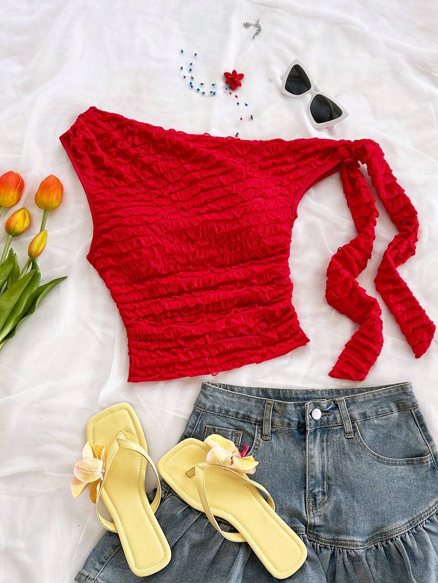 Soleia 度假风性感不对称肩带系带修身浅黄色女式上衣，适合派对、度假、音乐节、波西米亚风、假日约会、下午茶等场合。 - 紅色 - 查看 1