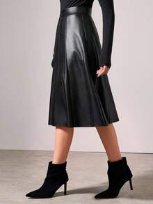 COSMINA Damen eleganter, moderner Pendler-Lederrock aus PU-Leder mit mittlerer Taille und mittlerer Länge in A-Linie, vielseitig einsetzbar für den Arbeitsweg, Büro, Ausflüge, Alltagskleidung, Dates, Valentinstag, Weihnachten - Schwarz - Übersicht 6
