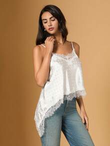 SHEIN Unity 2026新款女士波点撞色蕾丝不对称下摆时尚吊带背心，夏季上衣，情人节，夏季上衣，春季，夏季假期，春季，度假上衣，沙滩上衣，外出上衣，休闲 - 白色 - 查看 4