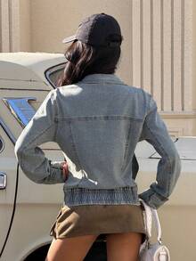 Muchica Women's Autumn/Winter Basic Casual Zipper Denim Jacket, With Pockets, Long Sleeves, Autumn Style - Blue - View 4