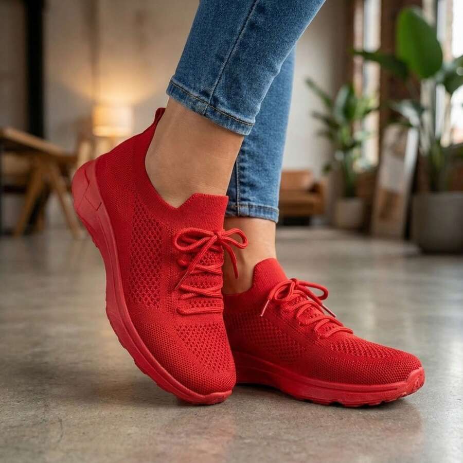 Mujer Zapatillas Deportivas De Tejido De Punto Transpirable Con Cordones Suela Gruesa Rojos - Rojo - Ver 1