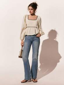 Poéselle Áo cánh thời trang nữ có nơ trang trí, cổ vuông và tay áo lồng đèn - Màu be - Xem 6