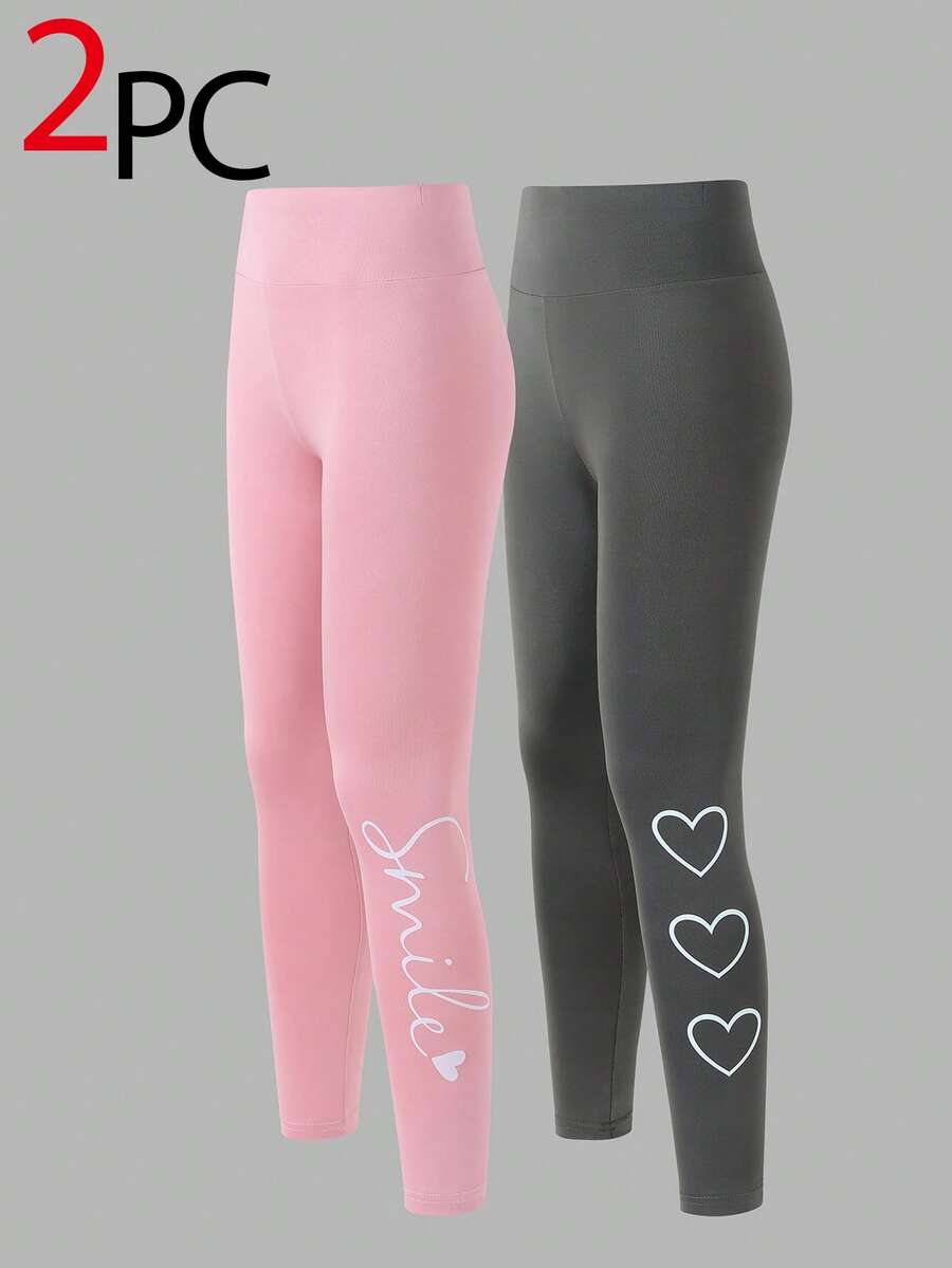 Set de 2 leggings para niñas, combinación minimalista de moda en negro y rosa con estampado de corazón, mallas cómodas de largo completo para niñas preadolescentes - Multicolor - Ver 1