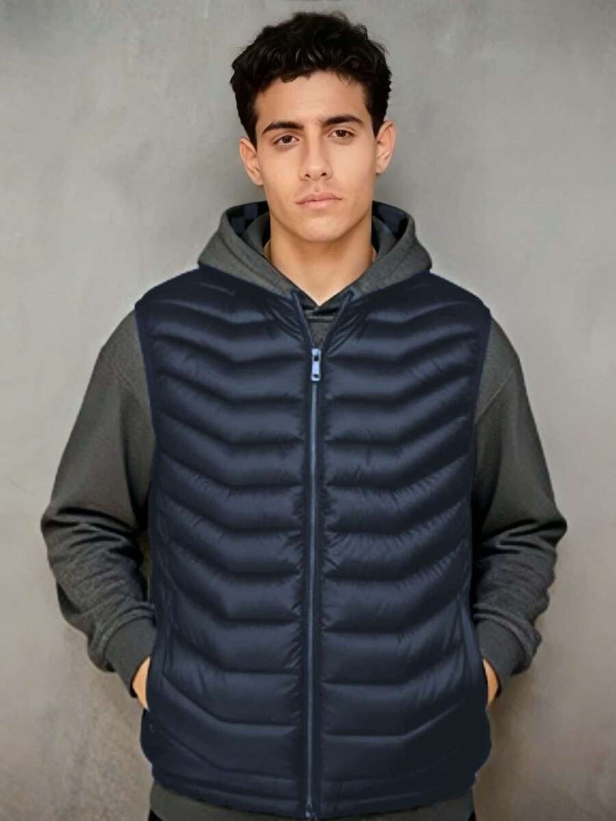 Chaqueta acolchada de algodón chaleco sin mangas para hombres 2025, cuello de pie, chaqueta a prueba de viento y calor en otoño e invierno, disponible en varios colores, negro, gris, tibetano, moda joven en la calle, bolsillo con cremallera, Corte tridimensional, fácil de usar, trabajo se puede usar - Azul Marino - Ver 1