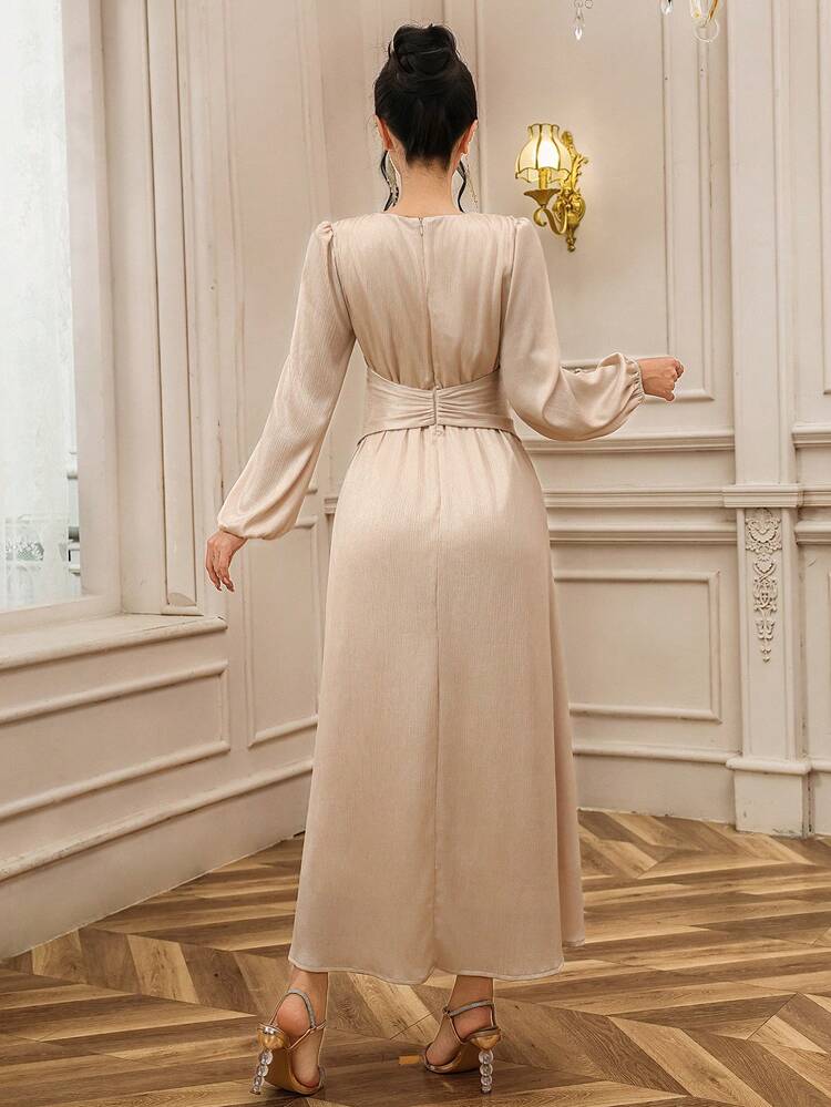 Solid Color Fitted Waist V-Neck Long Sleeve Elegant Dress For Women, Spring/Autumn