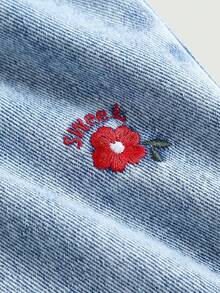 SHEIN Calça jeans feminina casual boho com babados de girassol, cintura elástica e lavagem macia, ideal para férias na primavera e verão. Perfeita para o dia a dia, looks streetwear, praia e férias. Jeans casual com estampa, ideal para bebês e crianças de 4 anos. - Lavagem leve - Ver 4