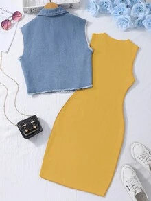 2pcs/Set Teen GirlBlack Knit Camisole Dress With Denim Vest, Commuter Casual Outfit - Ginger - View 2