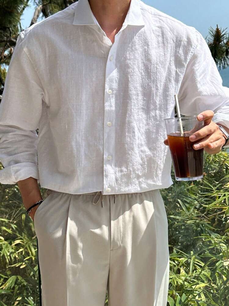 Men's Linen-Feel Washed Bamboo Fiber Solid White Casual Shirt, Spring/Autumn