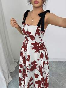 Elenzga 女士杏色撞色印花收腰喇叭下摆休闲度假连衣裙 - 酒紅色 - 查看 6
