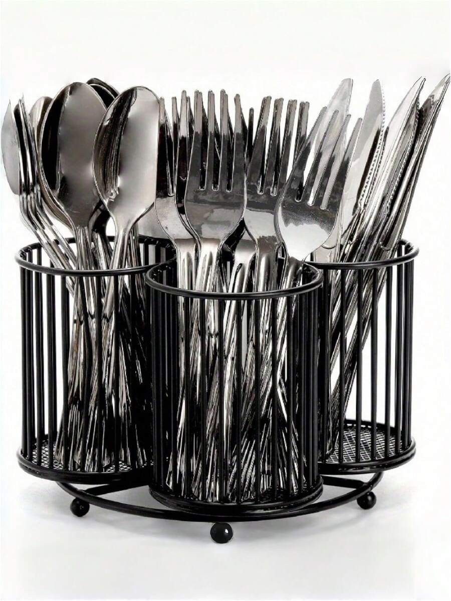 Giá đựng dao kéo xoay 360°, giá đựng dụng cụ nhà bếp, giá đựng dao kéo 4 ngăn, giá đựng dụng cụ để bàn cho thìa, dao, muỗng và dĩa, khay đựng dao kéo để bàn cho các bữa tiệc - màu đen - Xem 1