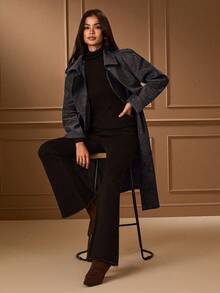 Lilora 女士复古高端极简羊毛混纺风衣，收腰中长款羊毛大衣，冬季必备 - 黑色 - 查看 5