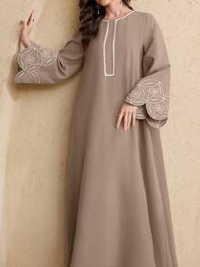 Al Najma Fashionable Flare Sleeve Embroidered Round Neck Swing Dress - Coffee Brown - View 8