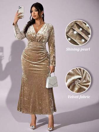 Viva Relle Plus Size Women's Elegant Romantic Exquisite Luxurious Party, Wedding Guest, New Year Holiday V-Neck Stretchy Velvet Bodycon Long Sleeve Mermaid Maxi Dress, Autumn/Winter