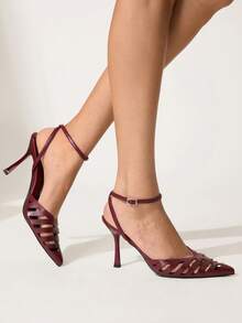 CUCCOO CHICEST 女士尖头镂空扣设计时尚优雅高跟鞋 - 酒紅色 - 查看 5
