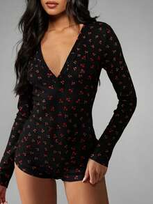 MISSGUIDED Cherry Print Long Sleeve Deep V Neck Romper Sleepwear Pajama One Piece Loungewear Nightwear Comfortable Home Outfit - Black - View 1