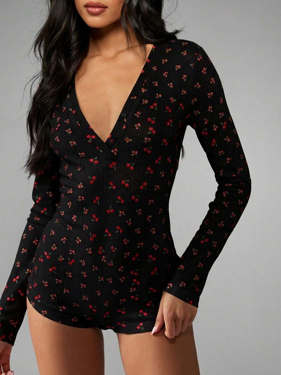 MISSGUIDED Cherry Print Long Sleeve Deep V Neck Romper Sleepwear Pajama One Piece Loungewear Nightwear Comfortable Home Outfit - Black - View 1
