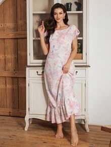 Serenescape Women Vacation Style Round Neck Contrast Trim Ruffle Hem Nightgown Long Sleep Dress Summer Night Gown - Multicolor - View 6