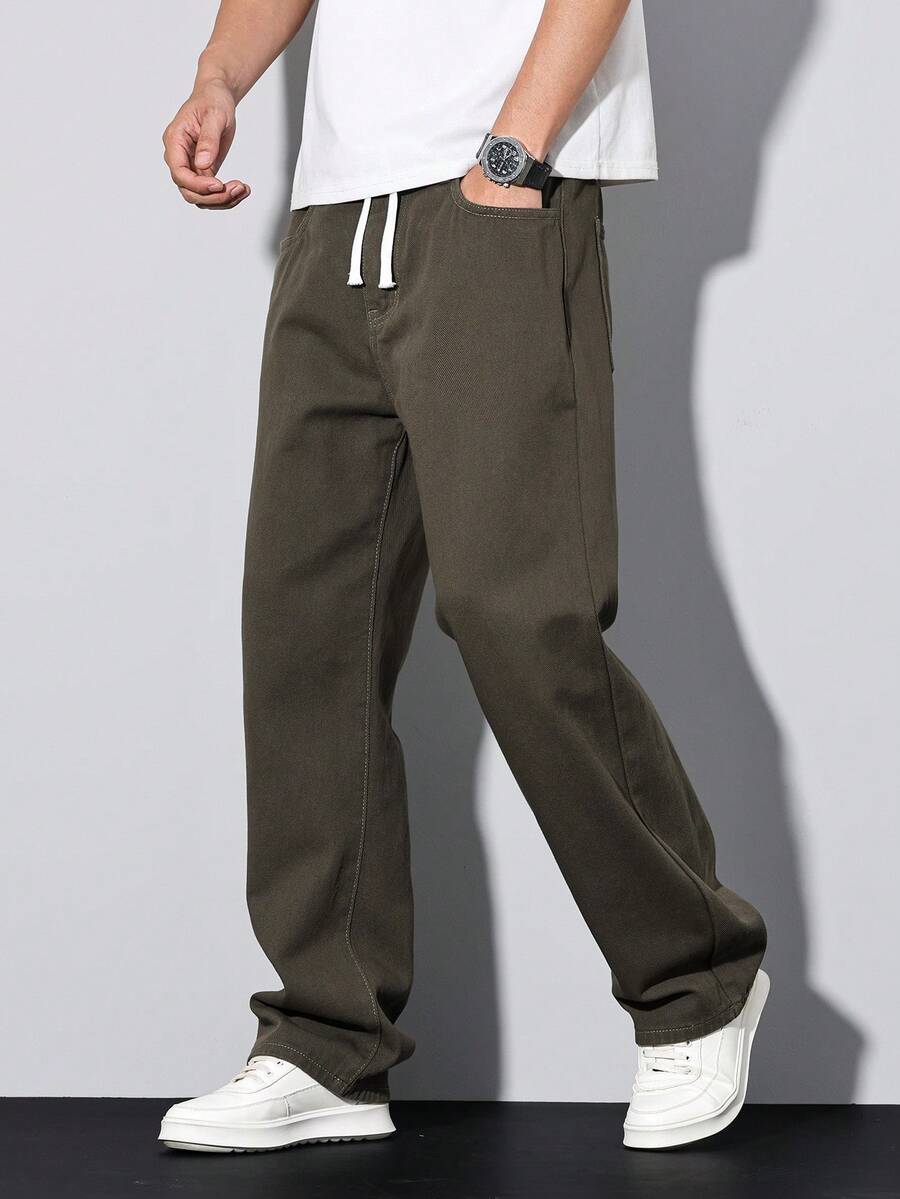 Manfinity Homme Loose Fit Men's Drawstring Waist Wide Leg Jeans Suitable For Casual Daily Wear, Weekend Outings, Social Gatherings And More - Black/Green - View 1