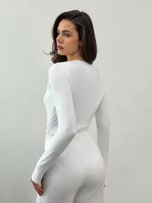 SHEIN Tall 女士优雅简约时尚不对称荷叶边领长袖露脐白色连体衣，适合日常通勤、秋季、夏季以及新年圣诞节等节日穿着，优雅女士衬衫休闲连体衣 - 白色 - 查看 3