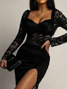 Xyvia Women's Elegant Lace Party Skirt Set, Black Floral Lace Slit Fitted Versatile Casual AsymmetricSweetheart Neckk Top And Skirt 2-Piece Set, Autumn/Winter - Black - View 1