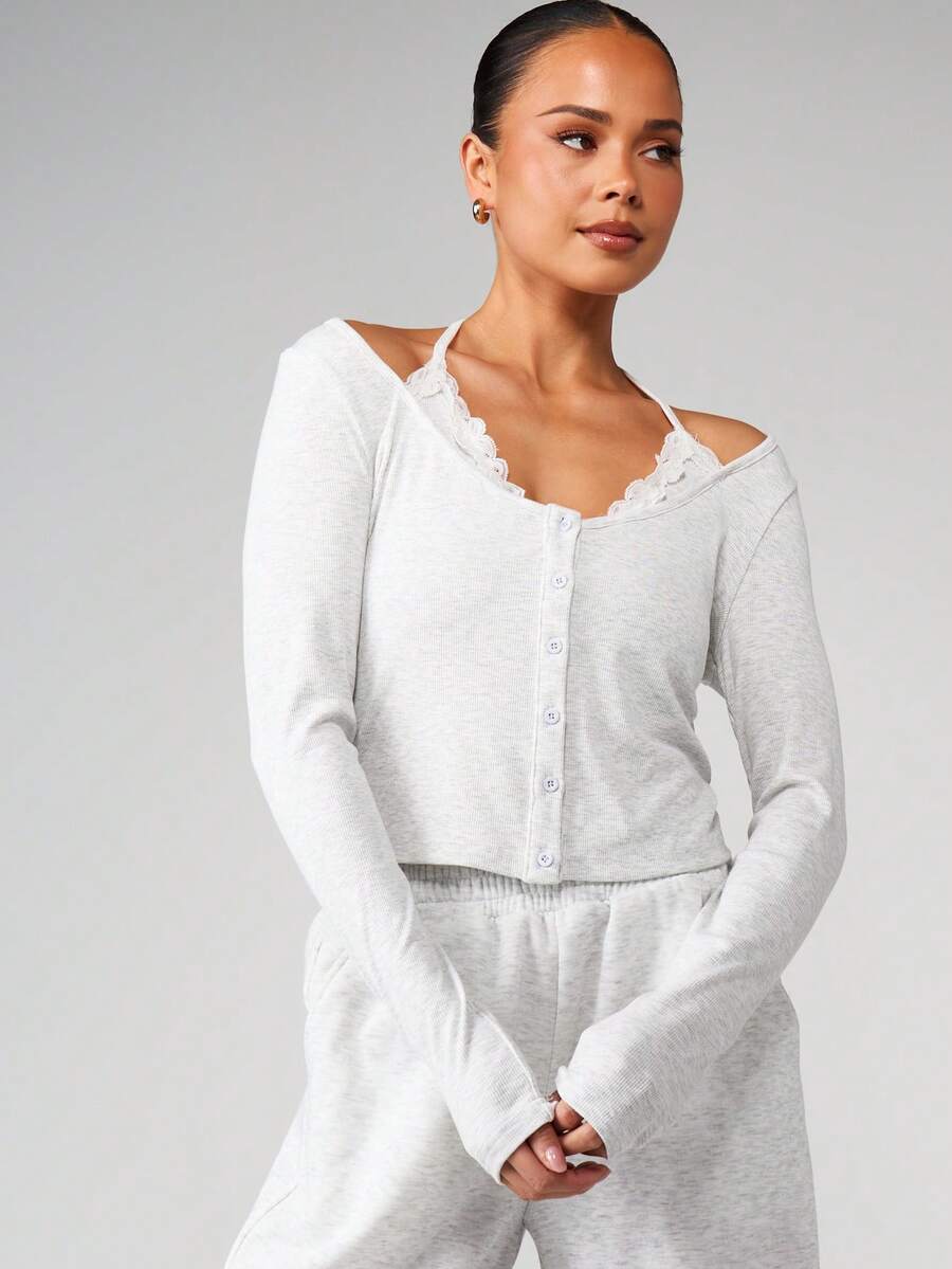 MISSGUIDED 罗纹针织纽扣开衫，蕾丝饰边，后背系带，露肩长袖短款毛衣 - 淺灰色 - 查看 1