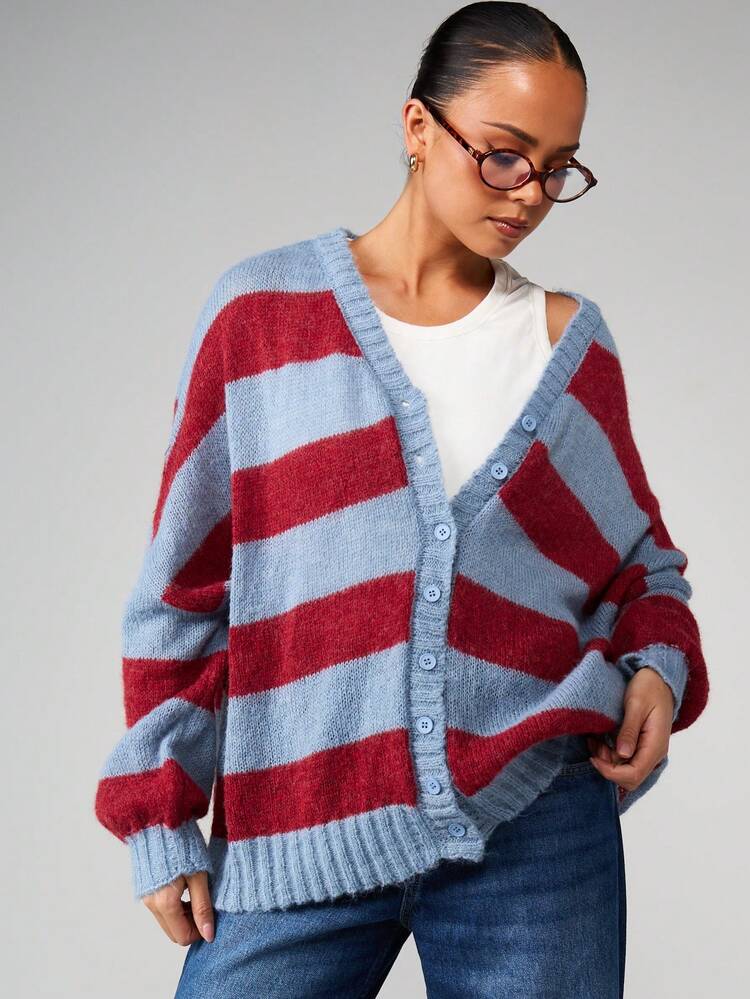 MISSGUIDED Cardigan oversize a righe con bottoni davanti, bordi a costine e scollo a V, manica lunga, maglia calda e comoda, abbigliamento casual autunno/inverno per donna