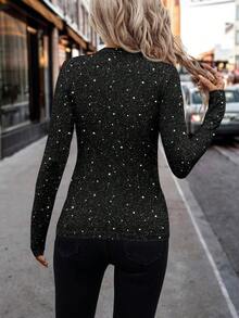 SHEIN Clasi New Year Black Casual Minimalist Glitter & Pearl-Like Print Knit T-Shirt - Chic Autumn/Winter Top For Outings, Parties, Gatherings, Club, Family Wear, And Office Commuting Spring - Multicolor - View 8