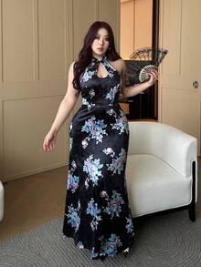 Vibekara Plus Size Women's Purple Floral Cheongsam Style Mermaid Dress Black Floral Dress Chinese Dress Women Asian Dress Plus Size Sexy Dress Curvy Dress Chinese Knot New Year Cheongsam Chinese Style New Year