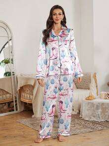Serenescape 仿丝绸印花翻领开衫和裤子女士睡衣套装 - 彩色 - 查看 6