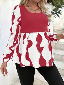 SHEIN Maternity Geometric Print Lantern Sleeve Casual Fashion Shirt Ruffle Sleeve Blouse Red And White Top Peplum Tops For Women Women Blouses Long Sleeve Peplum Blouse - Multicolor - View 5