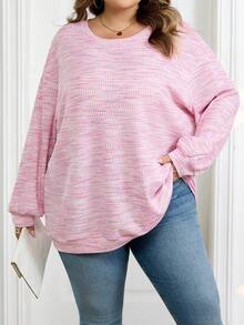 SHEIN CURVE+ 大码女式彩色华夫格针织套头卫衣，秋冬季 - 粉色 - 查看 3