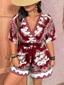 SHEIN Holidaya Plus Size V-Neck Short Sleeve Simple Fashion Jumpsuit, Suitable For Summer - Multicolor - View 3