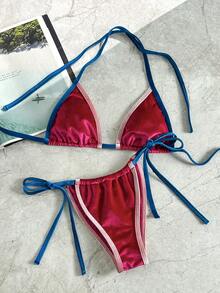 Swim Mod 2026春夏吊带拼接天鹅绒面料露背系带高衩比基尼两件套泳衣，女士天鹅绒比基尼，红蓝比基尼，运动比基尼套装，撞色比基尼，红色系带比基尼，蓝红色比基尼，度假比基尼，日光浴比基尼 - 彩色 - 查看 4