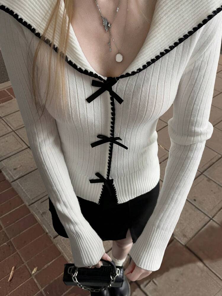 Women's Collared Tie-Up Slim Fit Sweater In Black And White