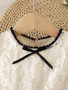 1pc Girls Summer New Collared Lace Trim Front Bow Tie Waist Elastic Lace Fabric Elegant Versatile Casual Dress, Suitable For Daily, Commute, Vacation, Birthday Floral Pattern Lace Dress Toddler Girl Cream Dress Ivory Kids Dress Young Girl Lace Dress Cream Dresses For Girls - Apricot - View 8