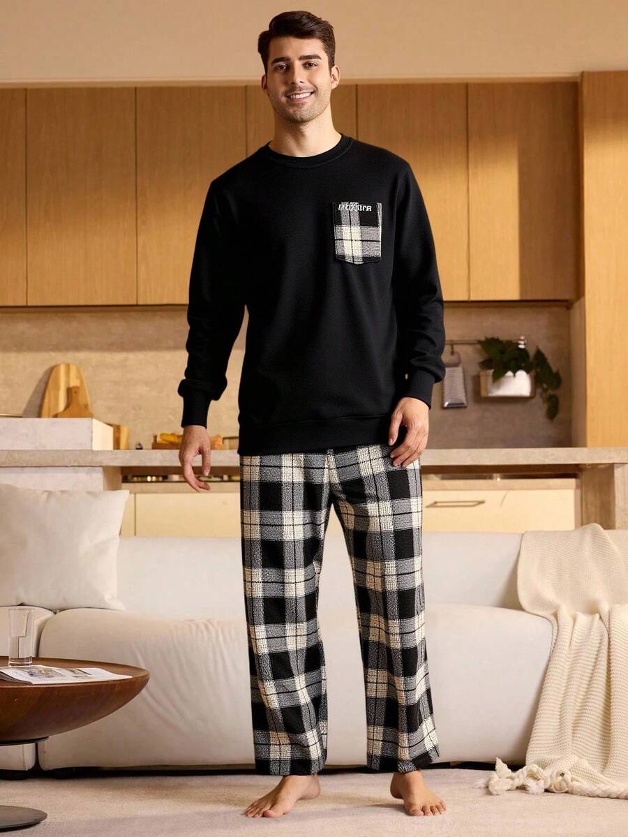 Conjunto de pijama para hombre, cómodo descanso, ropa de noche, manga larga, bolsillo de algodón, pantalones a cuadros - Negro - Ver 1