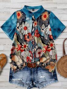 SHEIN LUNE CURVE New Printed Short Sleeve Shirt, Street Style & Vacation, Plus Size, Spring/Summer - Multicolor - View 1