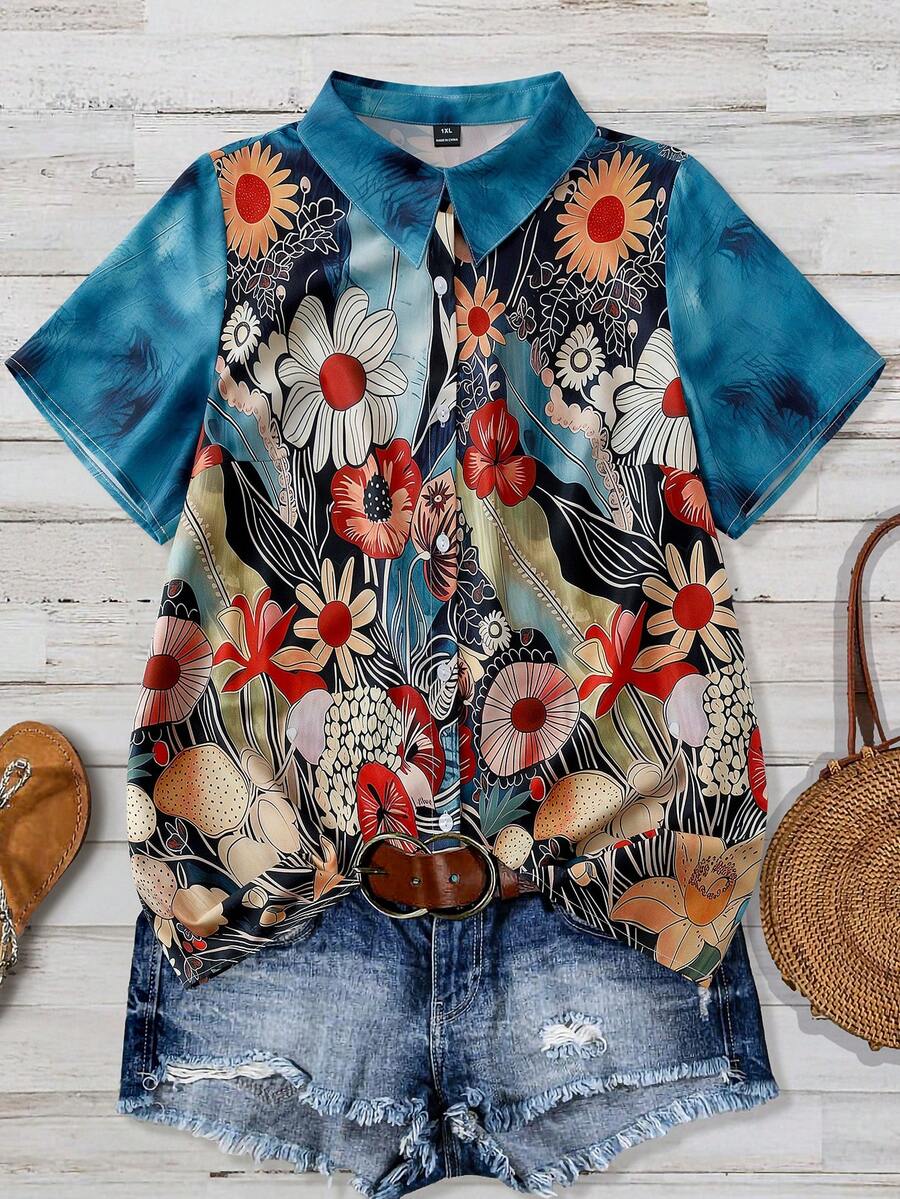 SHEIN LUNE CURVE New Printed Short Sleeve Shirt, Street Style & Vacation, Plus Size, Spring/Summer - Multicolor - View 1