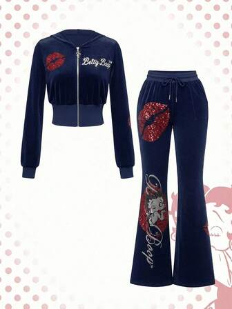 Betty Boop | ROMWE Y2K Samt Kapuzenpullover & Hose Set mit Strass Betty Muster