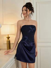 Poshira فستان رسمي مزخرف بالأزهار للنساء (مزين بشكل كبير) - أزرق بحري - مشاهدة 5