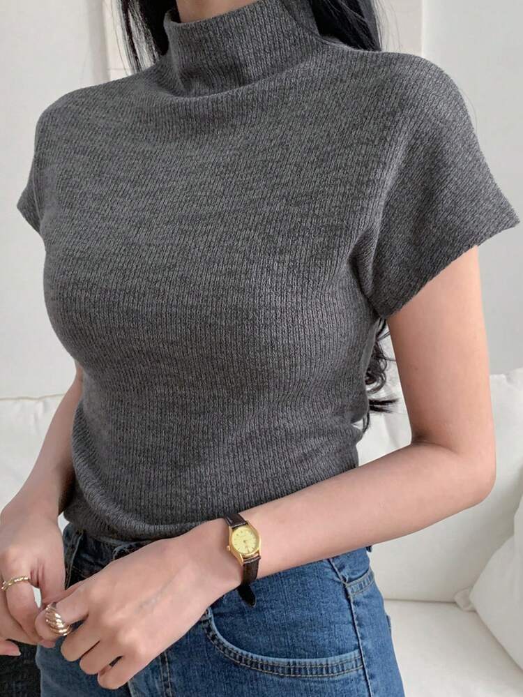 Women's Solid Color Bat Sleeve Casual Ribbed T-Shirt With Partial Turtleneck