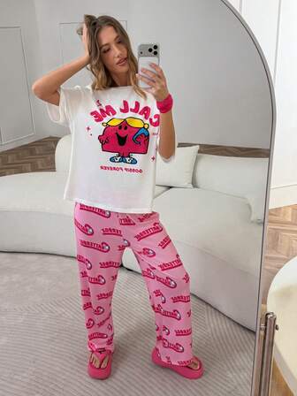 Mr Men Little Miss X SHEIN Tecknat tryck med korta ärmar och loungeset med långa byxor och bokstäver
