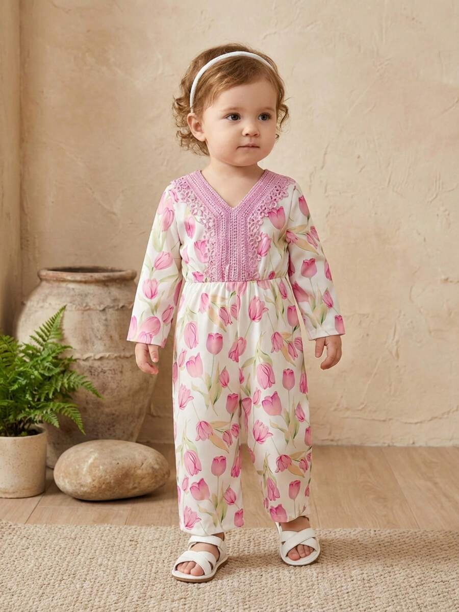 Pelele de manga larga con estampado floral morado y cuello y puños con encaje para bebé niña, primavera/verano - Multicolor - Ver 1