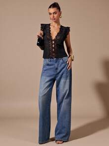 SHEIN BAE 黑色蕾丝无袖V领极简上衣，黑色蕾丝吊带背心 - 黑色 - 查看 6