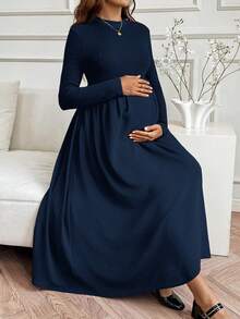 SHEIN Maternity Solid Color Round Neck Long Sleeve Pleated Casual Dress - Navy Blue - View 6