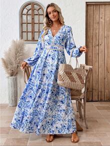 EMERY ROSE 女士V领印花优雅收腰灯笼袖连衣裙，适合度假和派对穿着 - 藍色 - 查看 8