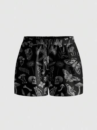 Goth Pantalones cortos holgados de color negro con estampado de setas, flores, mariposas, sol, luna, estrellas y hojas para tallas grandes con estilo gótico y de bosque oscuro