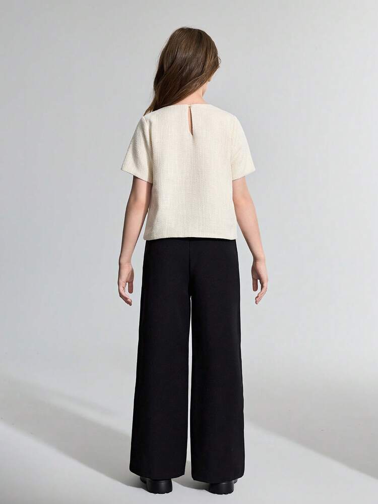 Tween Girl Bow Decor Tweed Short Sleeve Shirt & Pants Casual Outfit